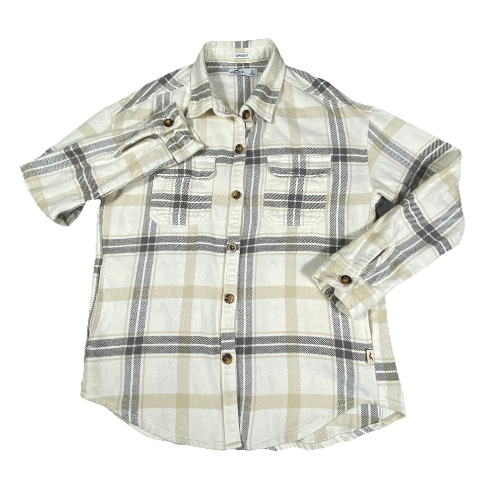 Hollister Flannel Shacket Shirt Women Small Plaid Long Slv Boyfriend Button Soft